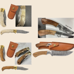 Engraved Bison River Damascus Blade Knives